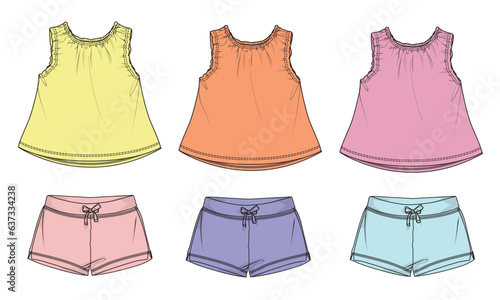 Multi color Baby girls tops blouse dress and shorts technical drawing fashion flat sketch vector illustration template 