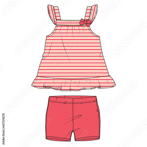 Baby girls tops blouse dress and shorts technical drawing fashion flat sketch vector illustration template 