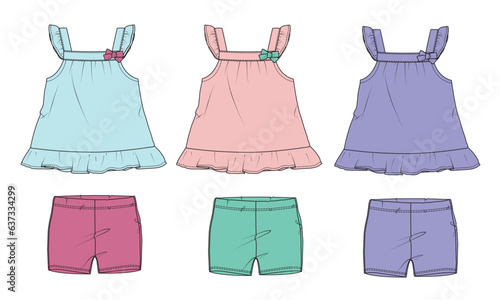Multi color Baby girls tops blouse dress and shorts technical drawing fashion flat sketch vector illustration template 