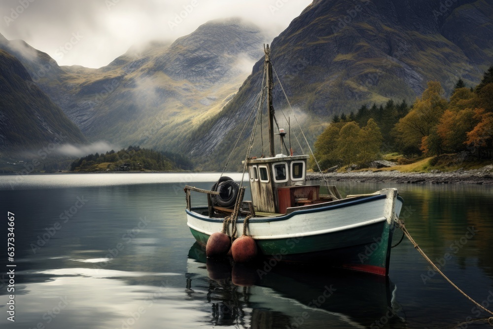 Fishing boat in a sea bay or lake against the backdrop of foggy mountains.