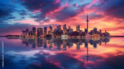 Photo of a city at sunset with a beautiful reflection in the water