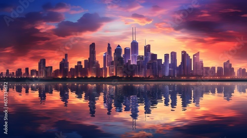Photo of a stunning city skyline reflected in the peaceful waters
