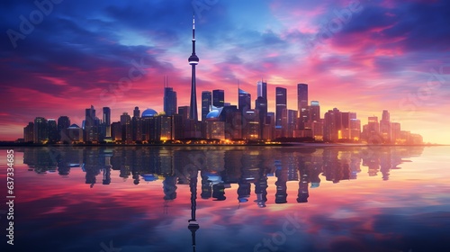 Photo of a city skyline at sunset with a beautiful reflection in the water