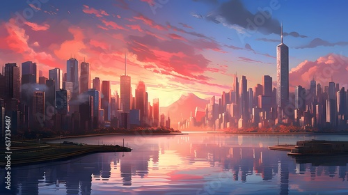 Photo of a cityscape painting with a serene lake in the foreground