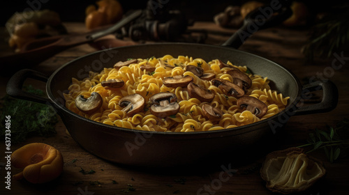 Skillet filled with pasta and mushrooms.