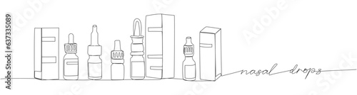 Nasal spray set. Drops in a bottle with a pipette one line art. Continuous line drawing of infection, therapy, medicament, allergic, rhinitis, spray, allergy with inscription, lettering, handwritten.