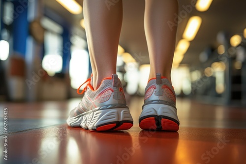 Rear view of a woman's legs in running shoes in the gym.