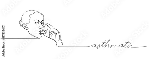 Asthmatic, Using inhalers to treat asthma, salbutamol, Asthma inhaler, medical supplies one line art. Continuous line drawing inhalation, lung treatment with inscription, lettering, handwritten.