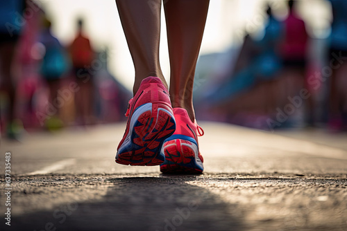 Rear view of woman runner leg on marathon. © OleksandrZastrozhnov