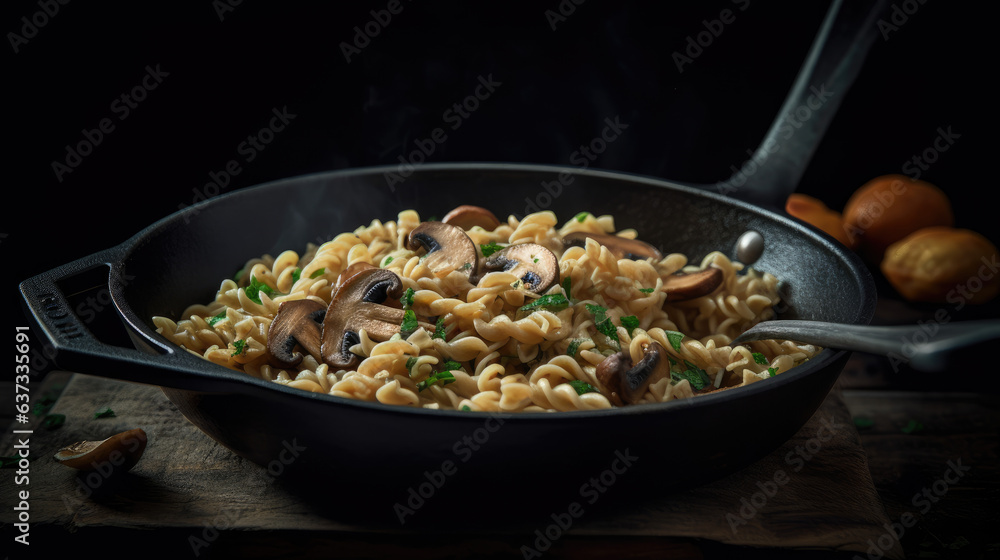 Skillet filled with pasta and mushrooms. Skillet filled with pasta and mushrooms.