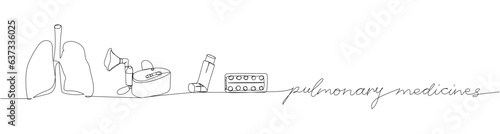 Pulmonary medicines set. Blister pack, lungs, tablets, pills, capsules, packaged medicines, herbal, medicine one line art. Continuous line drawing of treatment medication, pharmacy, therapy