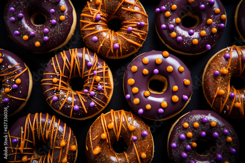 Halloween donuts: delicous donut pattern with orange dark brown and purple glaze, decorated