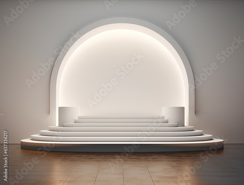 light podium for modeling advertising products stair shaped on white background , white wooden table 