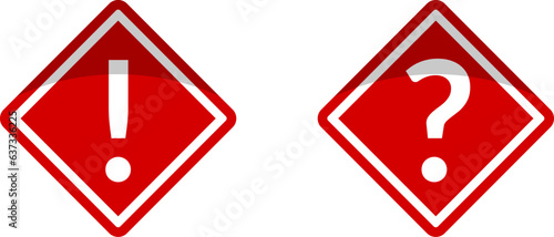 Red Attention Danger or Hazard Question Problem Warning Sign with Exclamation Mark and Question Mark in Diamond Shaped Frame Label Icon Set with Shiny 3D Effect. Vector Image.