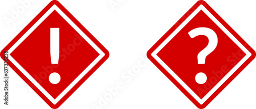 Red Attention Danger or Hazard Question Problem Warning Sign with Exclamation Mark and Question Mark in Diamond Shaped Frame Label Icon Set. Vector Image.