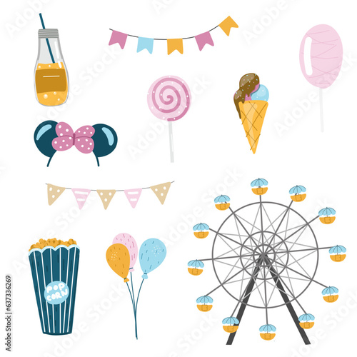 Vector illustration child set with Minnie mouse ears and bow, soda, cocktail, garland flags, ice cream, candy, lollipop, helium balloons, popcorn, Ferris wheel attraction
