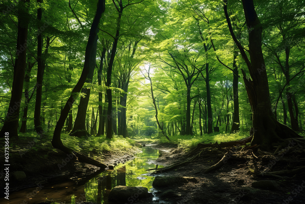 Obraz premium sun rays in forest.Generative Ai