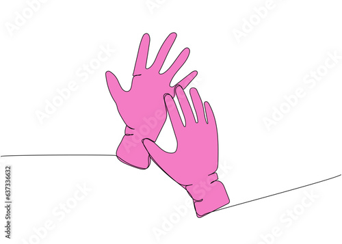 Medical gloves, protection, hygiene, sterility, medical supplies, equipment one line color art. Continuous line drawing of medication, clinical, disposable, tool, surgery