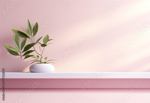 podium table for modeling advertising products on pink background with plant , white wooden table  photo