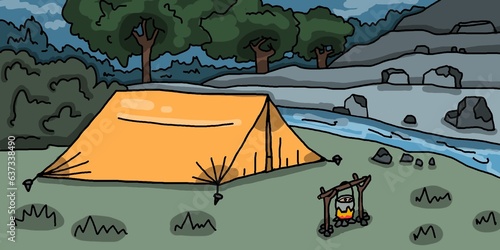 Camping near river, camping concept