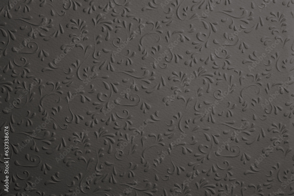 Scrapbook black gray paper blank with flower leaf pattern. Texture relief copy space wallpaper background. Scrapbook black gray paper blank with flower leaf pattern. Texture relief copy space wallpaper background.