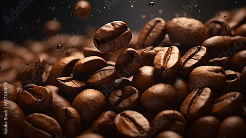 pile of Brown Roasted Coffee Beans Closeup On Dark Background