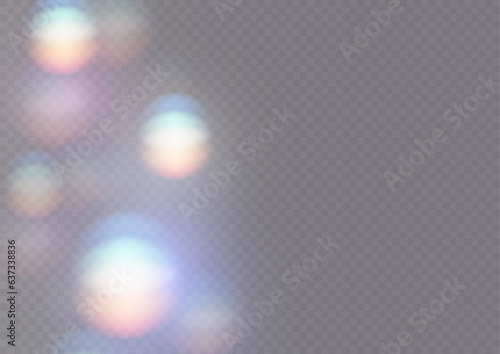 Iridescent crystal leak glare reflection effect. Optical rainbow lights, glare, leak, streak overlay. falling confetti. Vector colorful vector lenses and light flares with transparent effects.