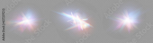 Iridescent crystal leak glare reflection effect. Optical rainbow lights, glare, leak, streak overlay. falling confetti. Vector colorful vector lenses and light flares with transparent effects.
