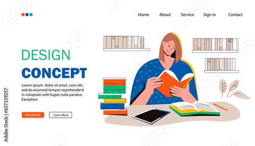 Landing page template. Student reads a book and studies. The girl sits at the table and studies with books and a tablet, preparing for the exam. Education concept. Vector flat illustration.