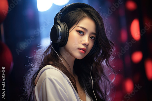 Young woman in headphones listening to music. Girl sitting near window. Generative AI