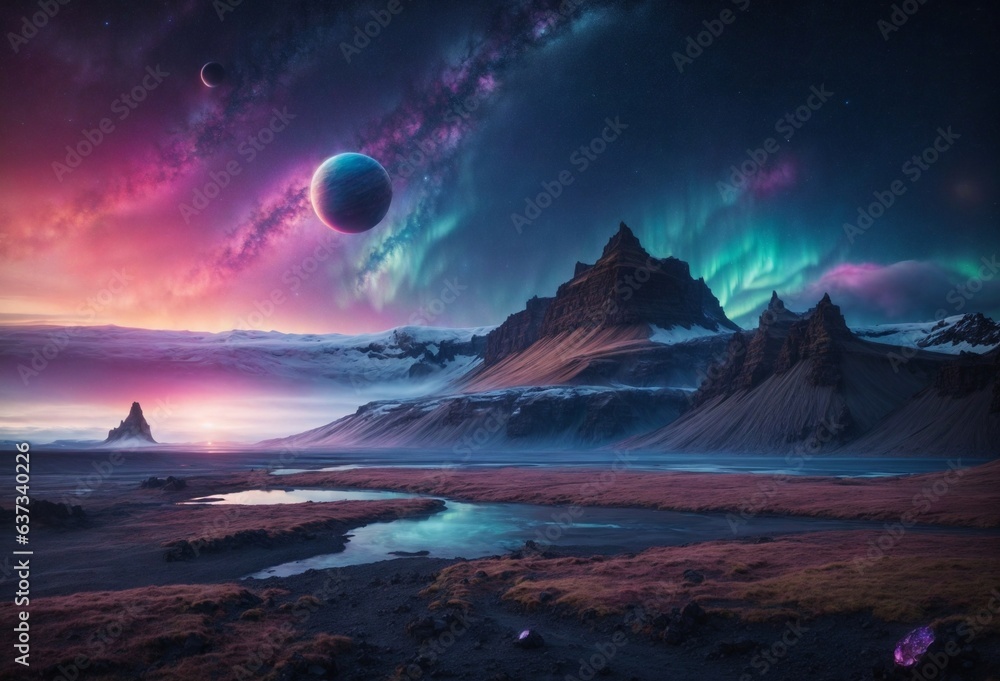 Fictional planet landscape of a starry sky covering the rivers and mountains in the land