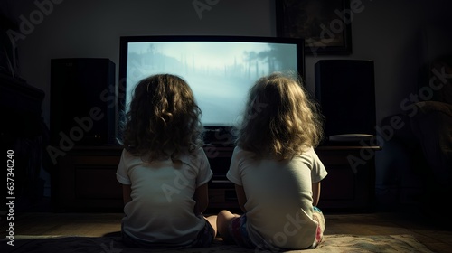 Two children, sisters are sitting at home and watching TV.