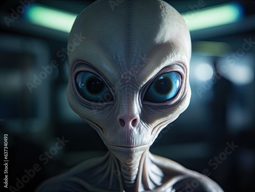 a slim grey alien with big eyes looks directly into the camera doing research in Area 51