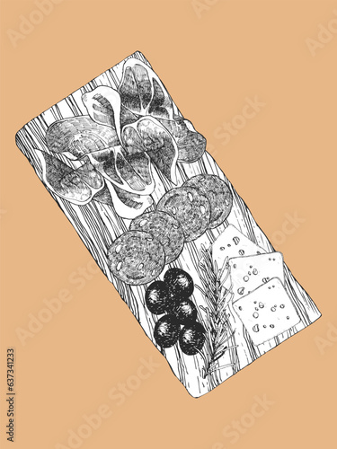 Traditional italian dishes. Hand-drawn illustration of Starters. Appetiser. Vector. Ink drawing. 