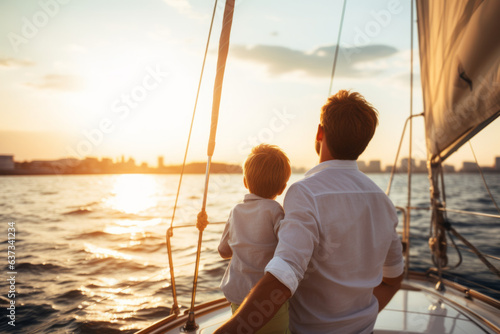 Back view of father and son family sailing on a luxury yacht