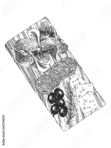 Traditional italian dishes. Hand-drawn illustration of Starters. Appetiser. Vector. Ink drawing. 
