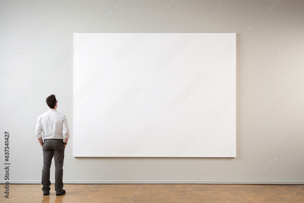 Man staring at blank canvas in a museum Man staring at blank canvas in a museum