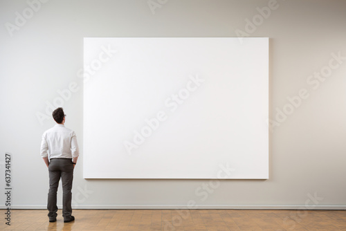 Man staring at blank canvas in a museum