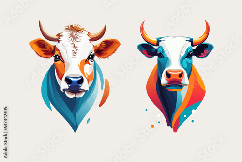 two vector cow heads, bright logo

