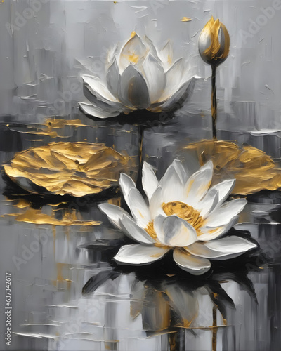 Oil painting. Canvas art. Wall art. Water lily on the water. Lotus. Gray, gold colors