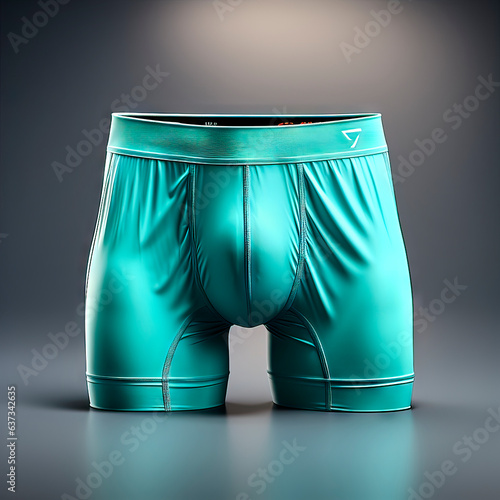 Product photo of a turquoise men's underpants in front of a gray background, made with generative ai photo