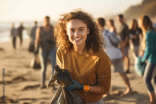 Female volunteer smiling looking at a camera picking up a plastic litter on a beach.