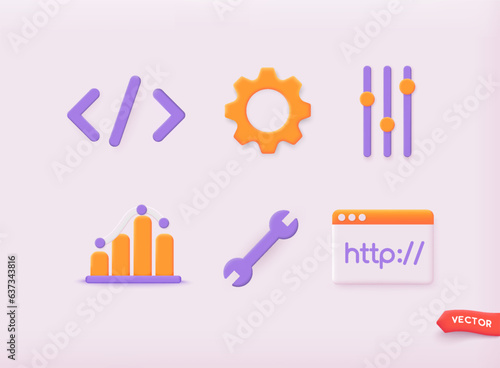Vector icon set of web tool. Web browser, internet communication protocol. 3D Vector Illustrations.