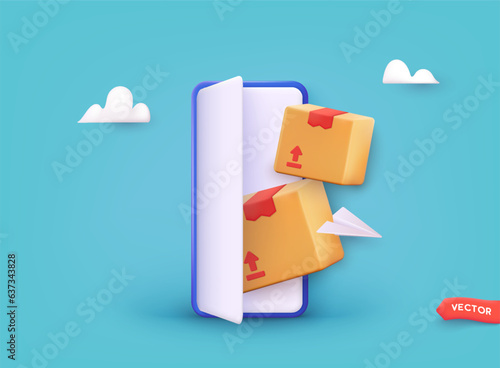 Parcel boxes are piled up in front of smartphone screen. Delivery to customers. Online shopping concept. style. 3D Web Vector Illustrations.