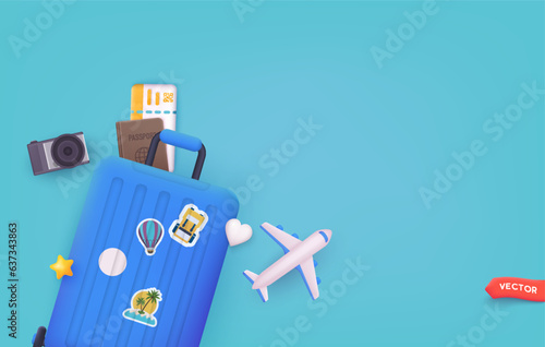 Travel and vacation banner with passport, tickets, travel bag. 3D Web Vector Illustrations.