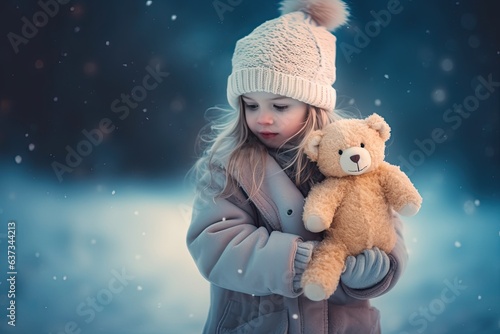 A cute little girl and her favorite teddy bear creating warm winter memories.