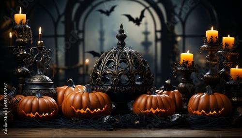 halloween holiday of scary pumpkins with candles, composition of terrible pumpkins in decorations. Made in AI