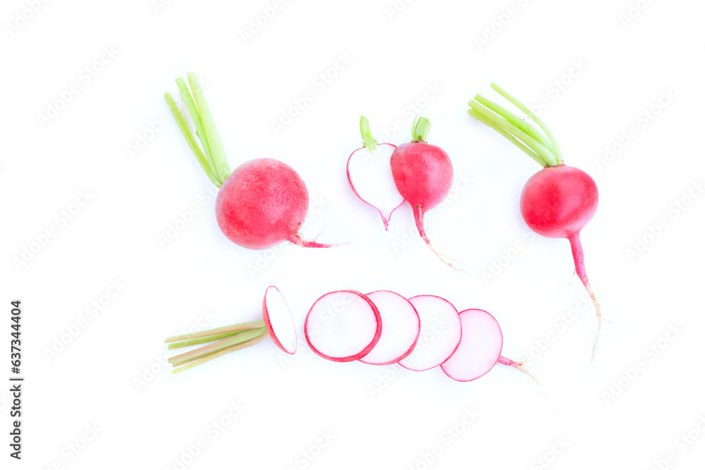 Set of fresh radish and sliced isolated on white background, Organic vegetable
