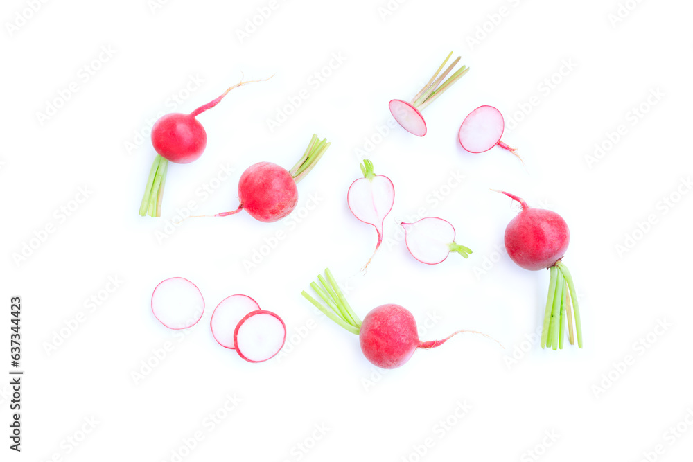 Set of fresh radish and sliced isolated on white background, Organic vegetable