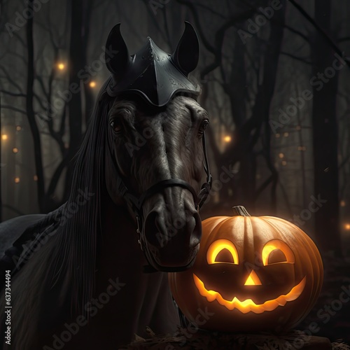 halloween black horse in the night and pumpkin with candle 
